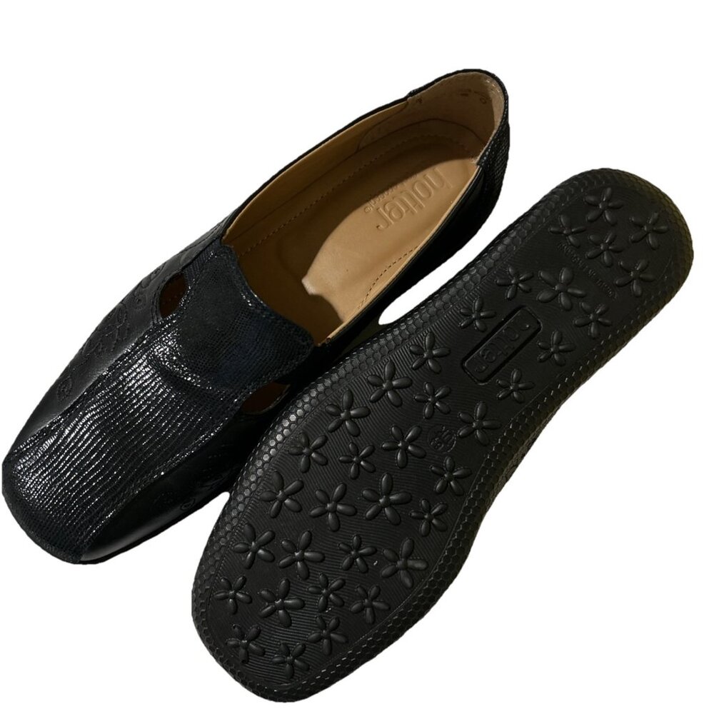 Hotter Slip On Shoes Flats Calypso Size 8.5 Black Leather Comfort Floral New - Picture 6 of 8